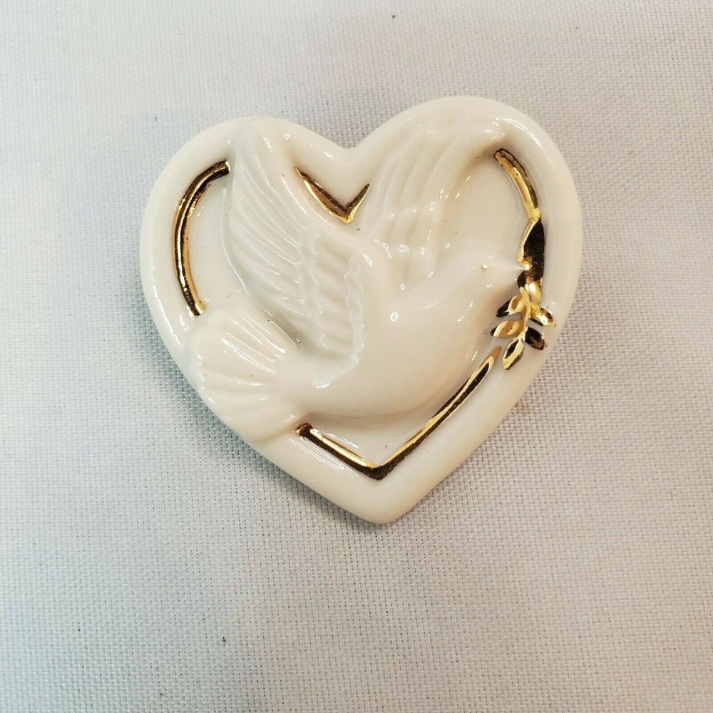 Lenox Handcrafted Porcelain Heart & Dove with Gold Tone Inlay Pin Brooch Peace